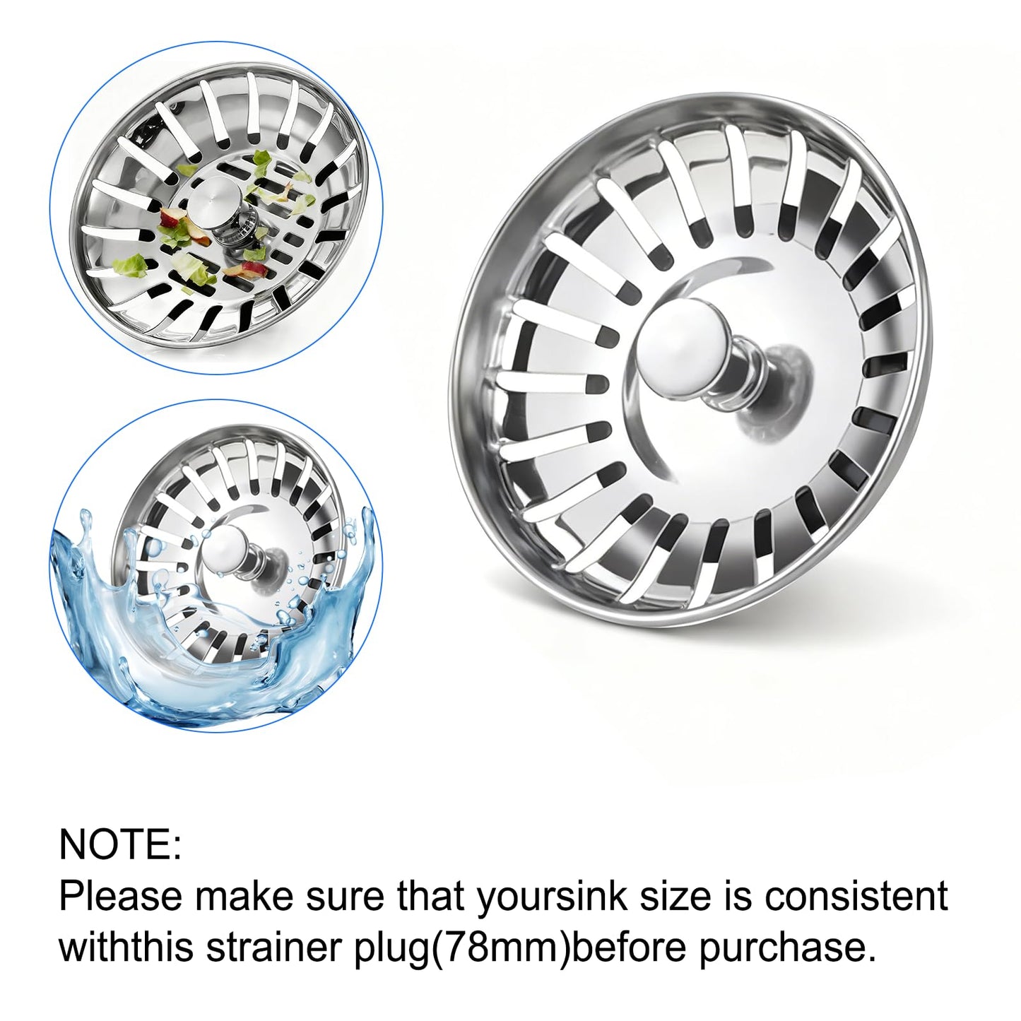 Upgraded Kitchen Sink Plug Strainer Stainless Steel Strainers Sink Plugs Replacement Drain Stopper for Food/Hair Catcher - UK Sinks Hole Diameter