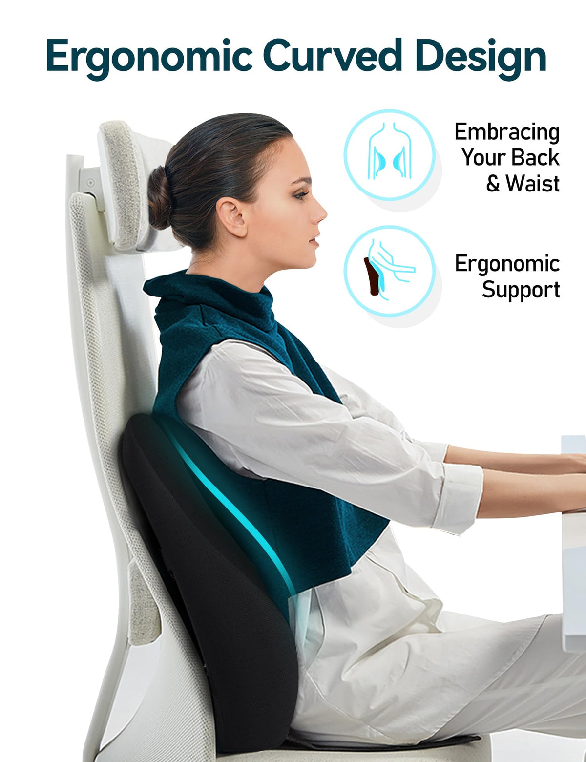 Travel Ease Ergonomic Lumbar Support Cushion, Gel and Memory Foam Back Support Cushion for Office Chairs with Skin-friendly Cover for Comfort (Black)