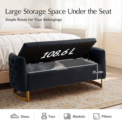 HULALA HOME Large Storage Bench with Metal Base for End of Bed, Black