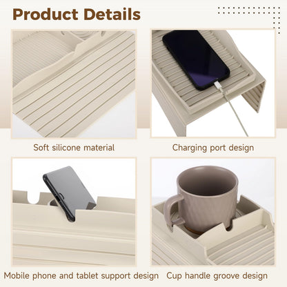 Calolin Sofa Cup Holder Tray, Silicone Couch Caddy, Armchair Caddy with Phone Tablet Stand & Charging Port