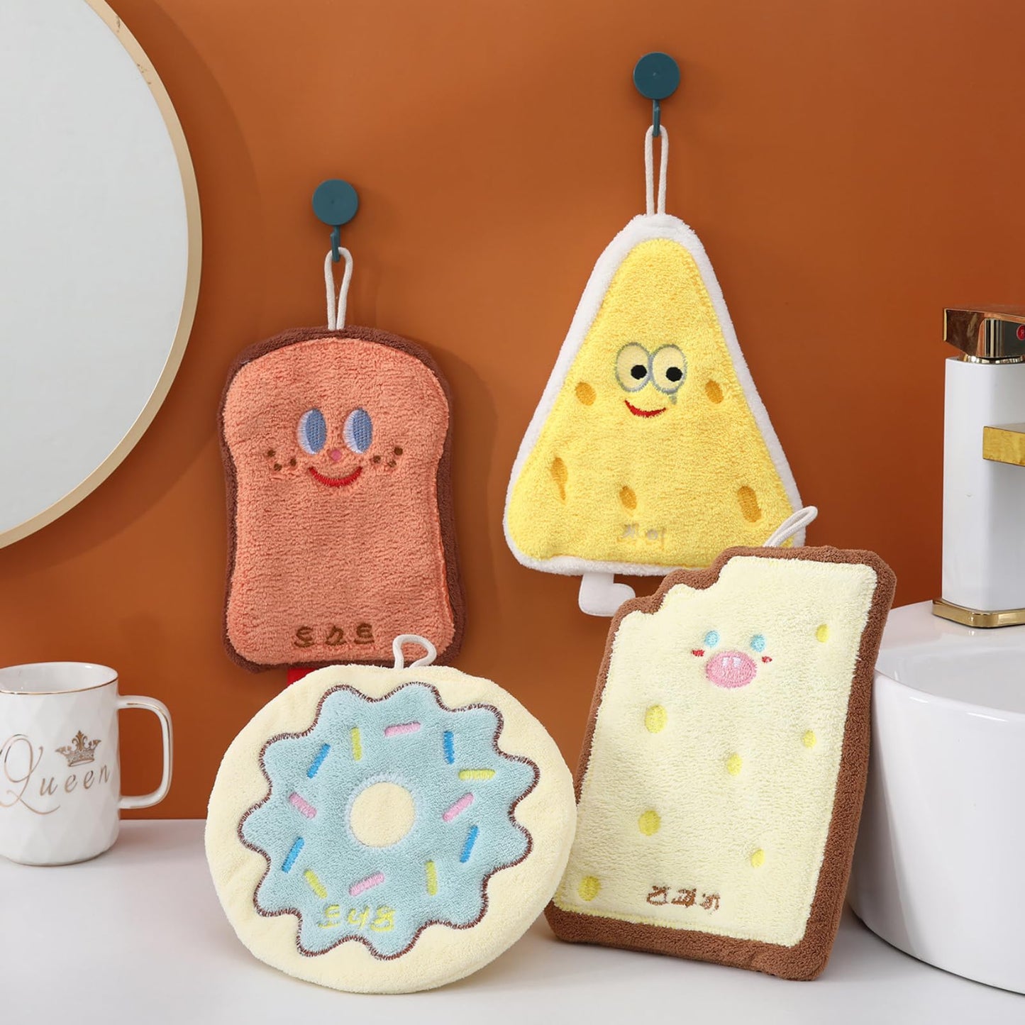 RevpoltIQ 4 Pcs Cute Hanging Hand Towels, Food Shape Cheese Toast Doughnuts Cracker with Cartoon Faces