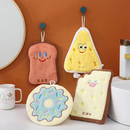RevpoltIQ 4 Pcs Cute Hanging Hand Towels, Food Shape Cheese Toast Doughnuts Cracker with Cartoon Faces