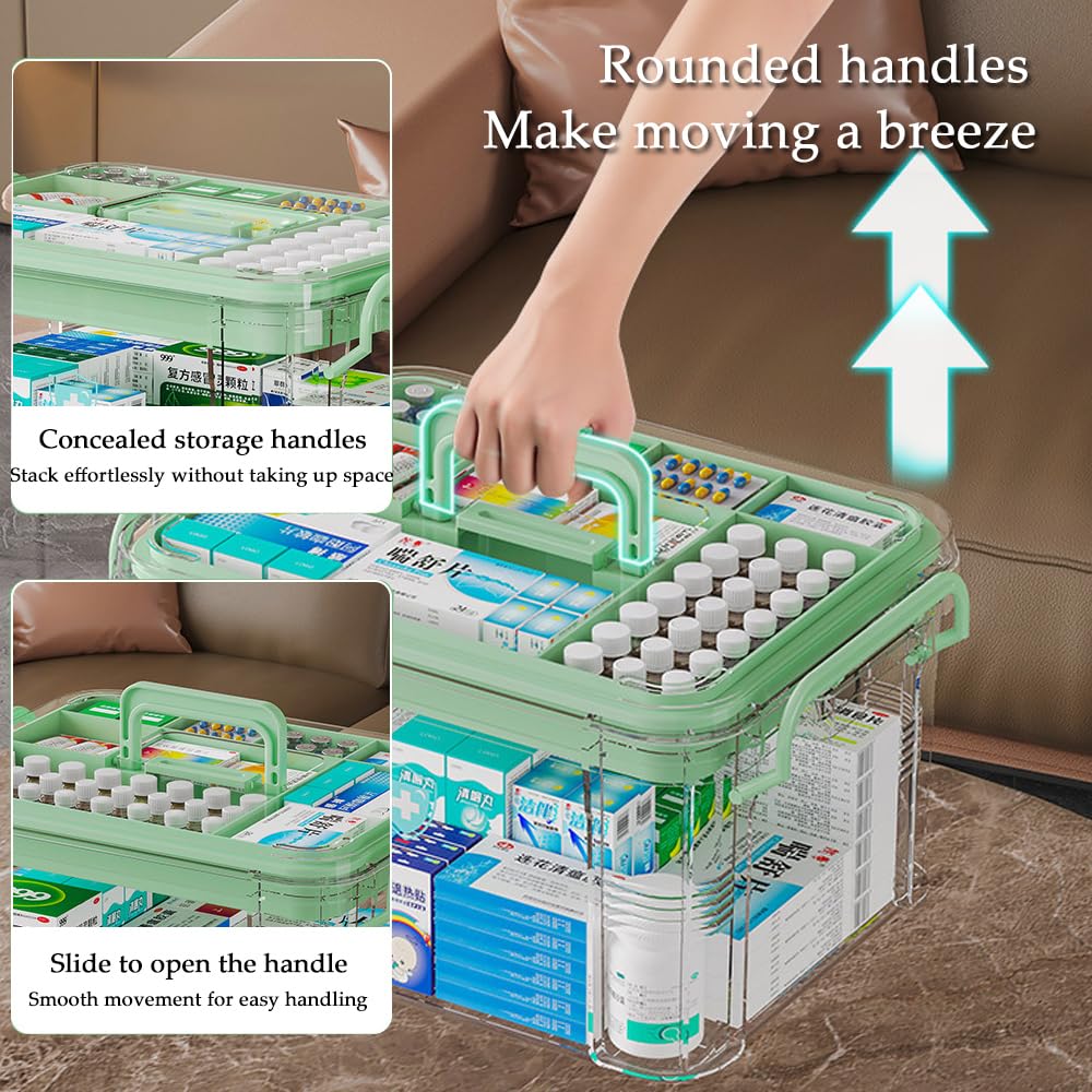 SINBINTA 2-Pack Clear Plastic Medicine Storage Organiser (Green)