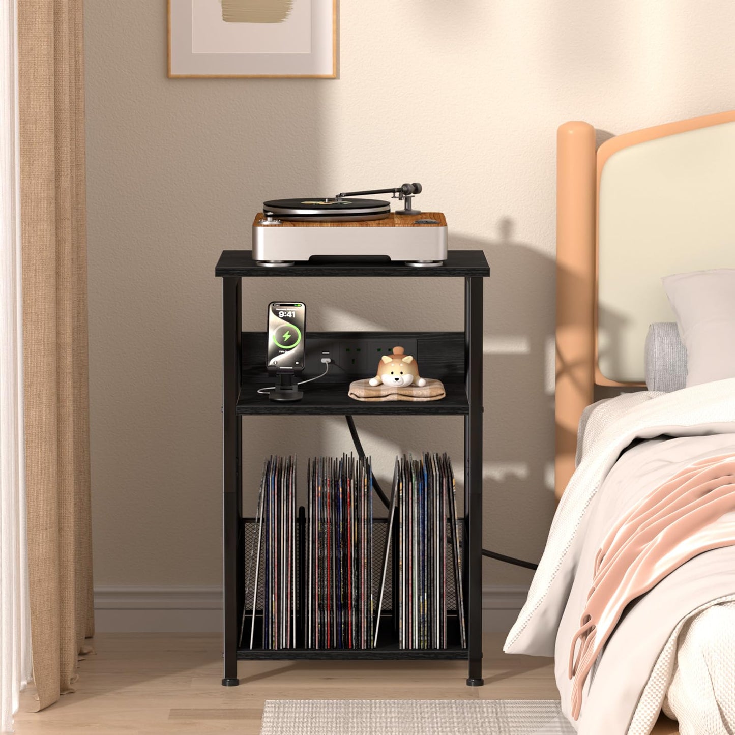 AMHANCIBLE Record Player Stand with Charging Station, Vinyl Record Storage