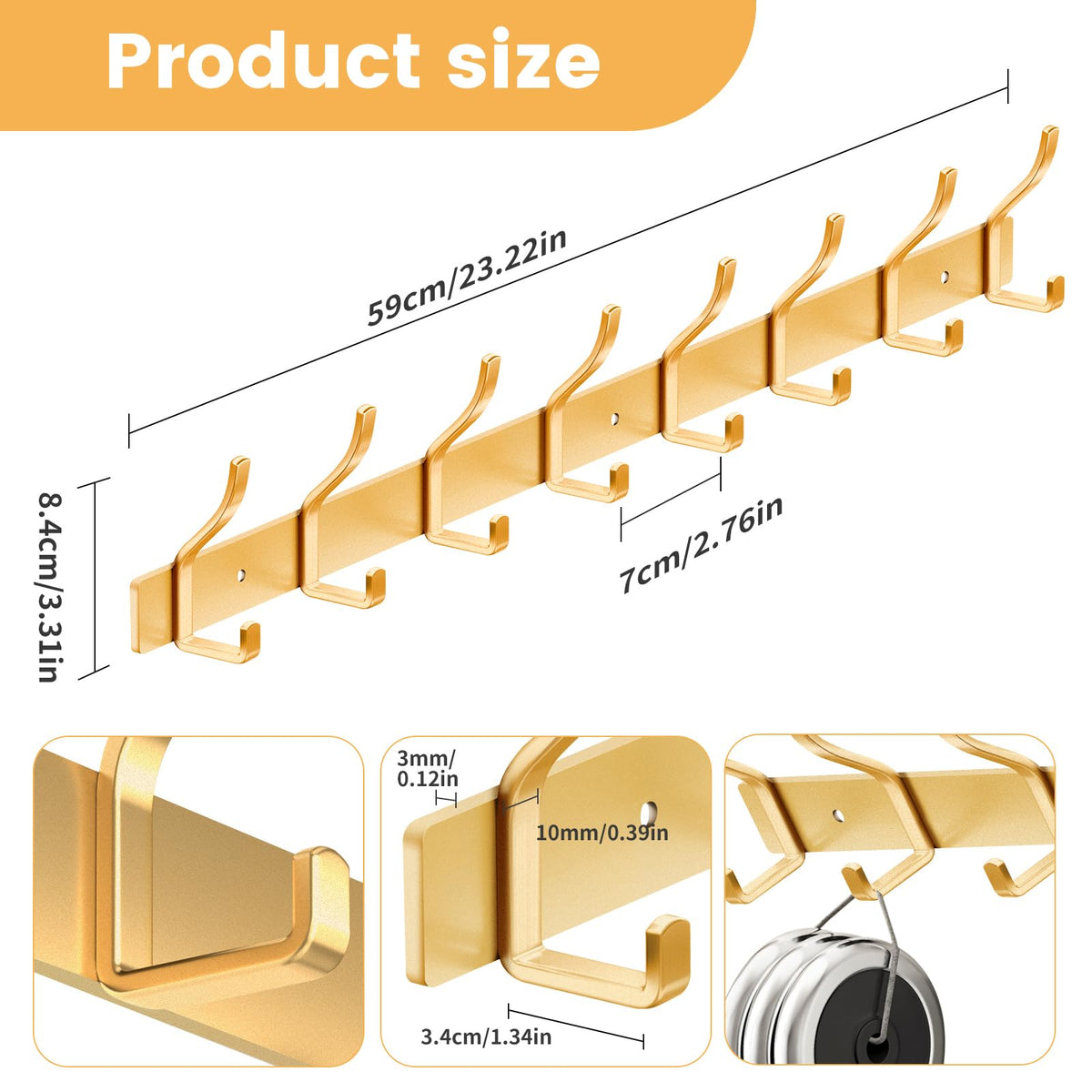 MEIJO Coat Hooks Wall Mounted Stainless Steel, Gold Coat Rack Wall Mounted with 6 Hooks Heavy Duty Coat Hooks for Door, Bathroom, Bedroom, Kitchen