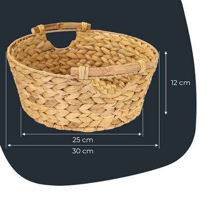 HMF Storage Basket Round Gift Basket Empty Braided Water Hyacinth with Wooden Handles 30 x 12 cm