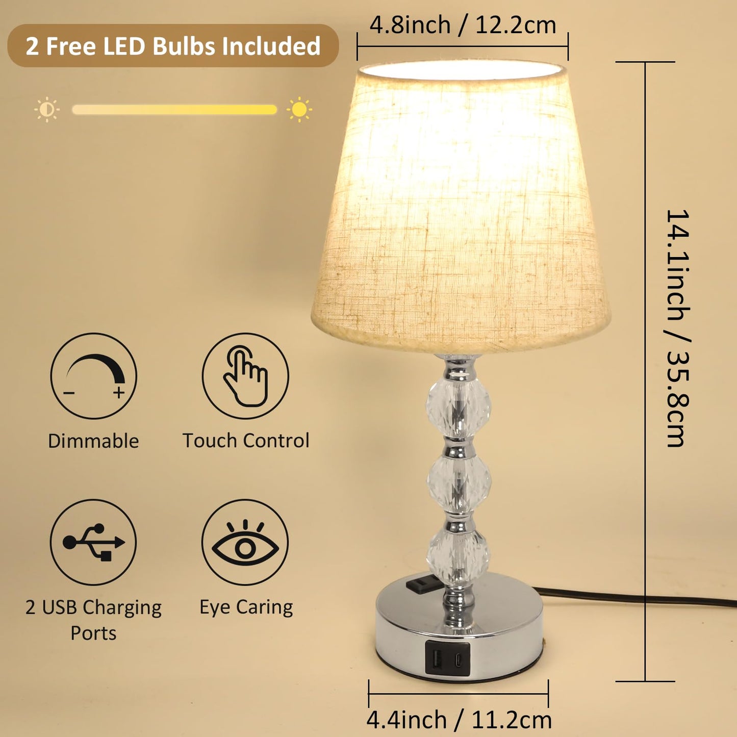 Euxper Touch Bedside Table Lamp, Crystal Table Lamps with USB C+A Charging Ports, 3 Way Dimmable, Set of 2 with White Fabric Shade for Bedroom (2 LED