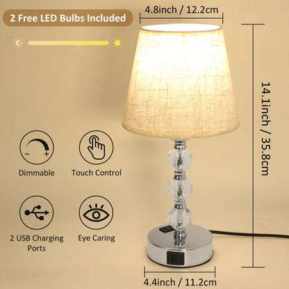 Euxper Touch Bedside Table Lamp, Crystal Table Lamps with USB C+A Charging Ports, 3 Way Dimmable, Set of 2 with White Fabric Shade for Bedroom (2 LED