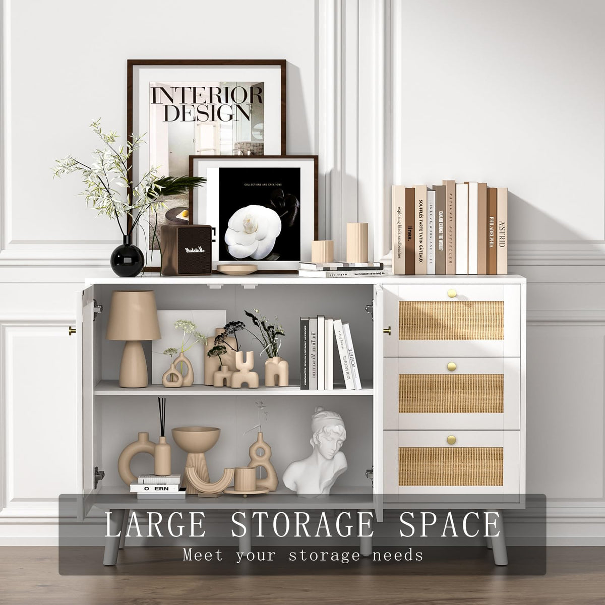 Skokliz Rattan Sideboard, Modern Storage Cabinet with 3 Drawers, Buffet Cabinet with 2 Doors and Adjustable Shelves