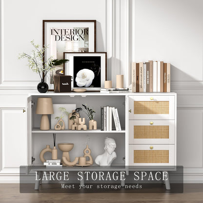 Skokliz Rattan Sideboard, Modern Storage Cabinet with 3 Drawers, Buffet Cabinet with 2 Doors and Adjustable Shelves