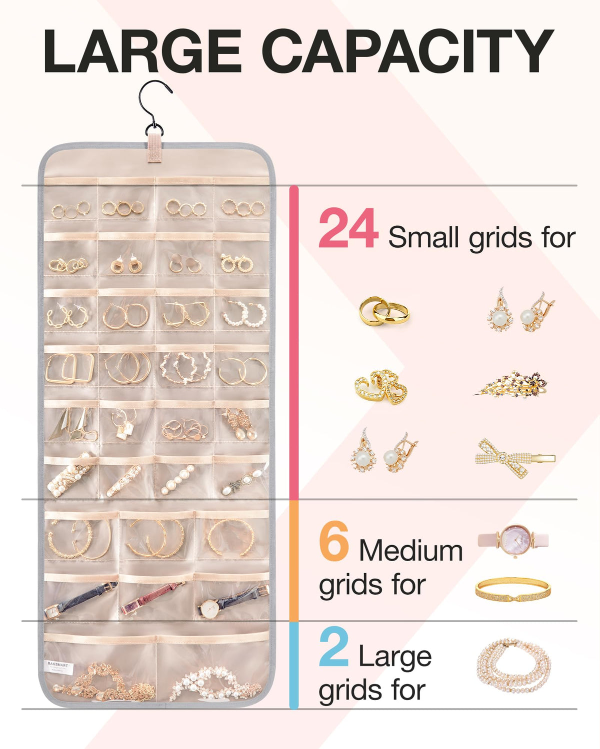 bagsmart Dual-sided Jewellry Organizer Hanging with Metal Hooks,40 Pockets and 3 Wave-Shaped Hooks,Jewelry Roll for Earrings,Necklaces,Rings on