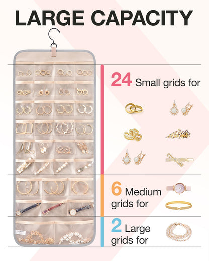 bagsmart Dual-sided Jewellry Organizer Hanging with Metal Hooks,40 Pockets and 3 Wave-Shaped Hooks,Jewelry Roll for Earrings,Necklaces,Rings on
