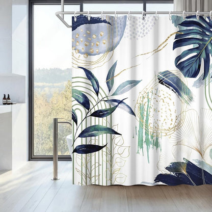 Uiiooazy Anti-Mould Shower Curtain, 180 x 220 cm, Navy Blue, Tropical Palm Leaves, Jungle Boho Bath Curtain, Washable Fabric, Waterproof