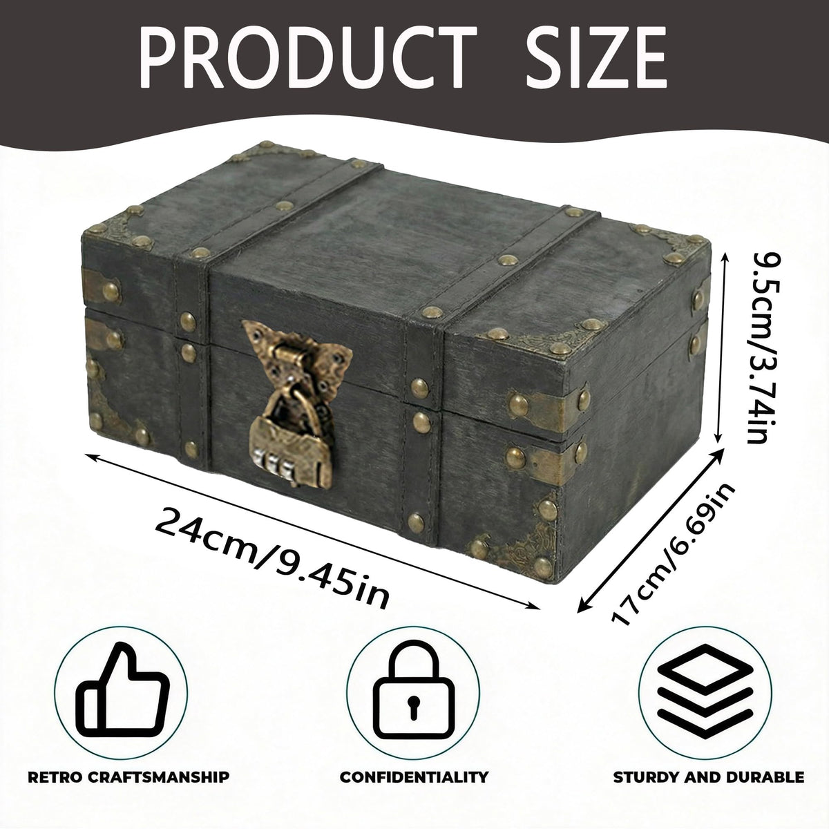 SZHUGEKI Vintage Wooden Treasure Chest Box with Lock, 24 x 17 x 9.5 cm