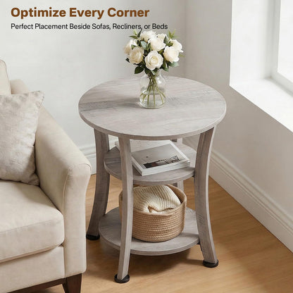 Yuede Round End Table, 3 Tier Side Table with Storage, Farmhouse Wood Side Table, Vintage Sofa Bedside Table Coffee Table for Bedroom Living Room