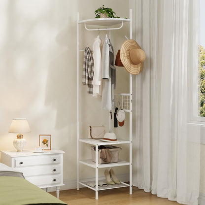HOOBRO Corner Coat Stand, Coat Stands for Hallway, Freestanding Coat Rack with 5 Hooks and 4 Shelves, Clothes Rail with Hanging Rail, S-Hooks