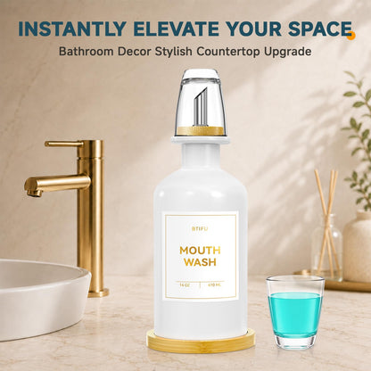 Glass Mouthwash Dispenser for Bathroom – 410ml Refillable Mouthwash Container with 2 Glass Cups & Bamboo Tray, Countertop Mouth Wash Dispensers