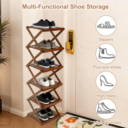 YYW Shoe Rack, Foldable Shoes Organizer Free Standing Shelf for Entryway, Closet, Hallway, Foldable X Shape Multi Tier Shoe Rack (Brown,7 Layers)