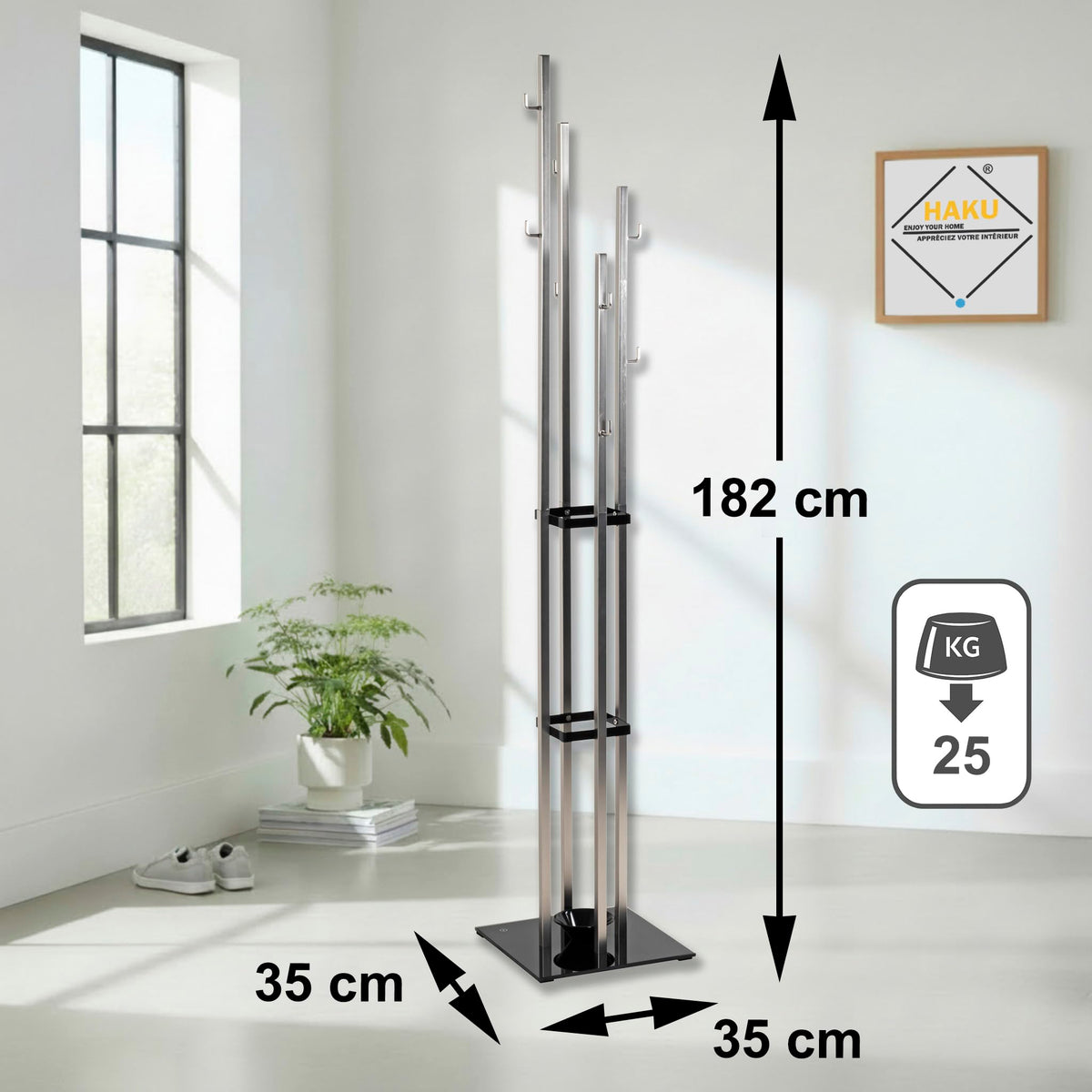 HAKU Coat rack in stainless steel finish, black, metal, 8 mm safety glass coat rack – dimensions: W 35 x H 182 x D 35 cm, style: modern