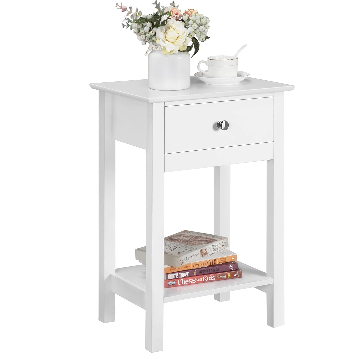 Yaheetech White Bedside Table Wooden Side Table Chic Nightstand Cabinet Storage Unit with Drawers & Shelf