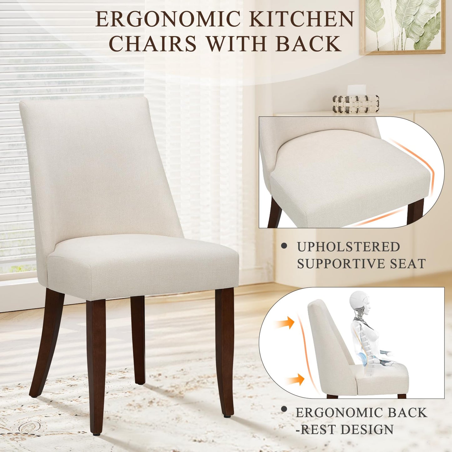 COLAMY Upholstered Dining Chairs Set of 2, Linen Fabric Parsons Dining Room Chairs with Curved Backrest, Solid Rubber Wood Legs