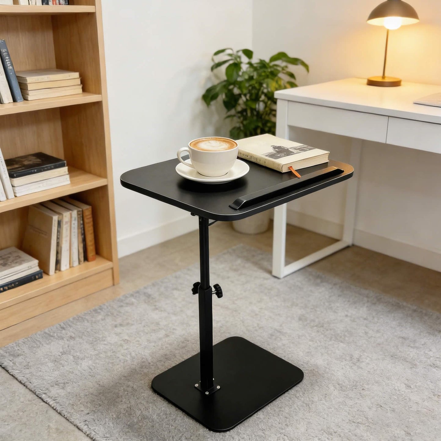 Vixtte 360° Rotating Coffee Table with Slots, Adjustable Height C-Shaped Side Table, Multi-Functional Sofa Side Table/Bed Table (Black)