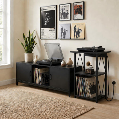 2026 Upgraded Extended Tabletop Record Player Stand with Charging Station, 3 Tier 50x40cm End Table with Vinyl Record Storage