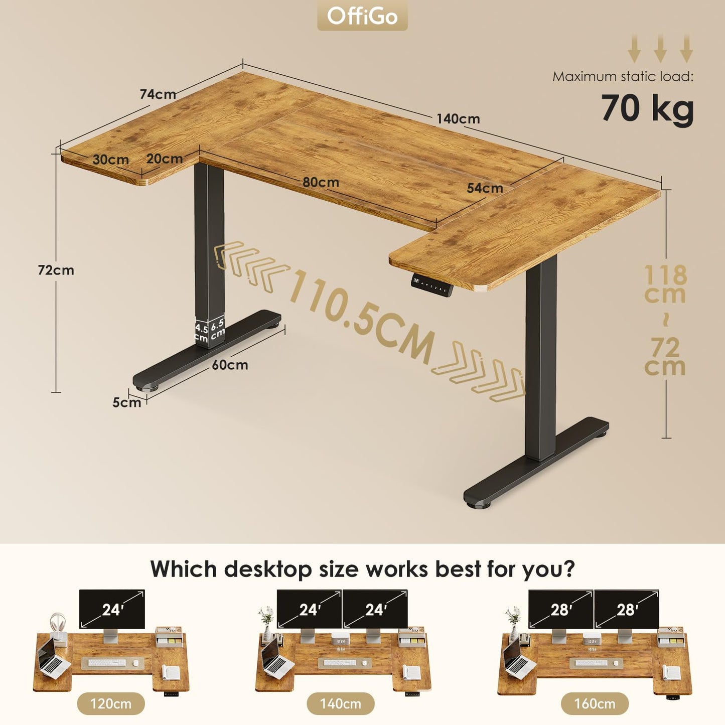 OffiGo Height Adjustable Desk, U Shaped Standing Desk with 3 Memory Presets