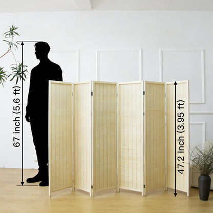 Furnnylane 6 Panel Bamboo Room Divider Short Folding Screen Divider,Double Sided Bamboo Panel Divider for Room Separation,Beige,120 cm H x 234 cm W