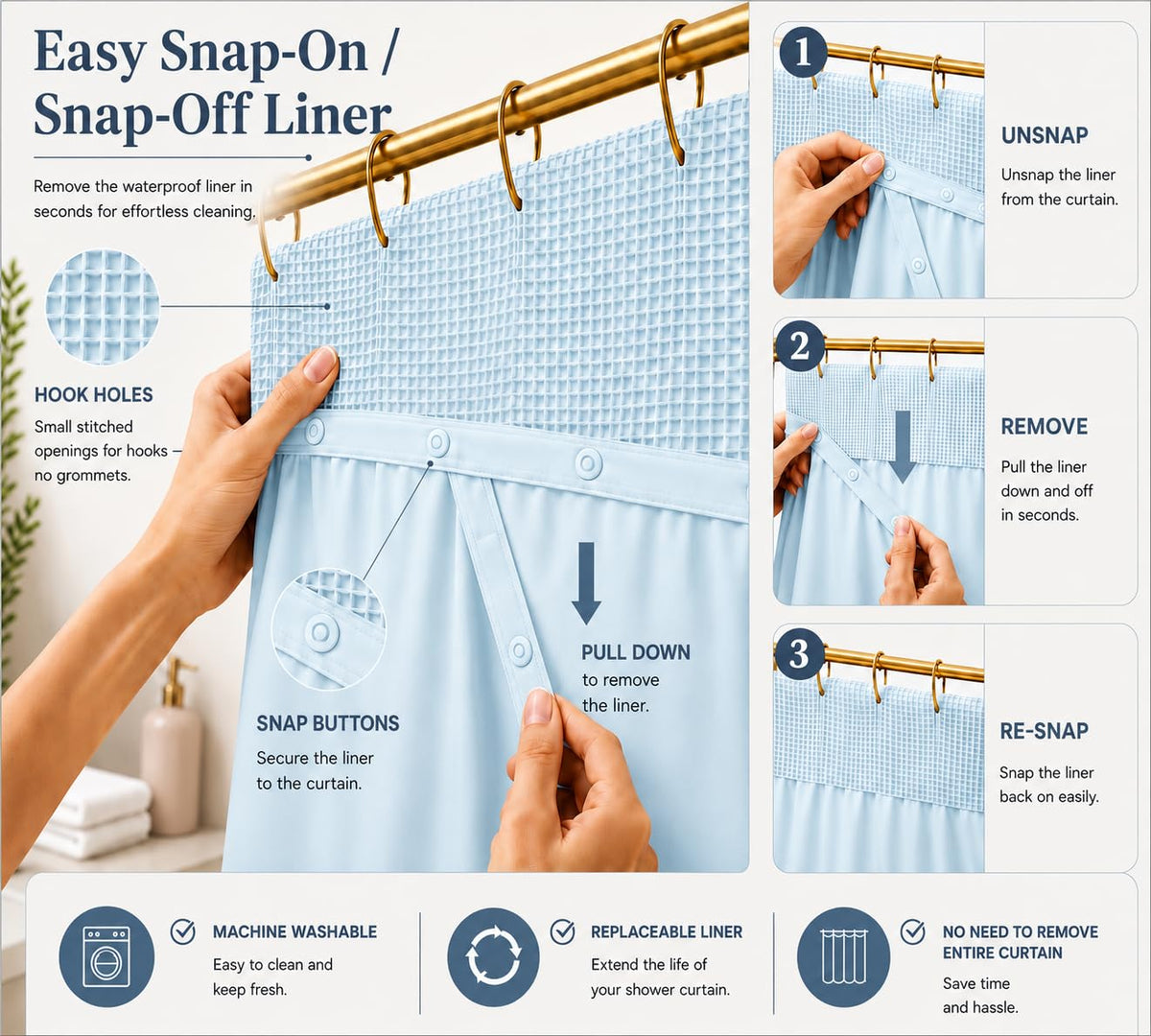 Dainty Home Waffle Weave Shower Curtain Set with Snap-in Liner in Sky Blue 70" x 72" – Modern Luxury Shower Curtain with Mesh Top Window