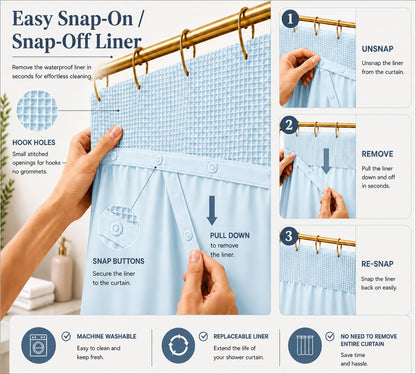 Dainty Home Waffle Weave Shower Curtain Set with Snap-in Liner in Sky Blue 70" x 72" – Modern Luxury Shower Curtain with Mesh Top Window