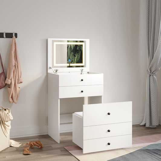 ZANOFIRA Dressing Table Set with Flip Up Mirror and LED Lights, Small Makeup Table with Dimming & 3 Color Modes,White Modern Vanity Table with 4