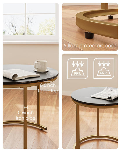 HEYZOEY Round Coffee Tables, Removable Set of 2 End Table, Nesting Table, Side Table with Gold Metal Frame Legs and Marble Black Top for Living Room