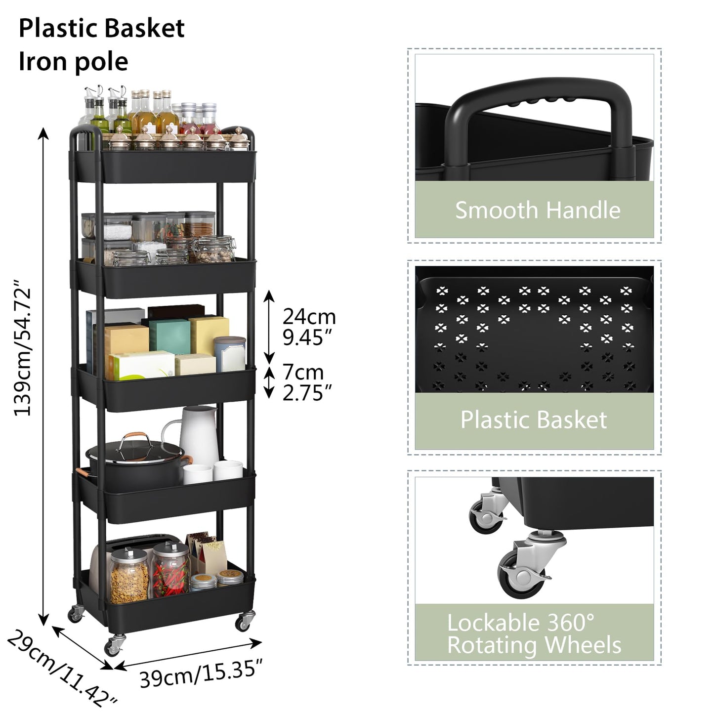 Sywhitta 5-Tier Plastic Rolling Utility Cart with Handle, Multi-Functional Storage Trolley for Office, Living Room, Kitchen
