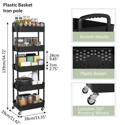 Sywhitta 5-Tier Plastic Rolling Utility Cart with Handle, Multi-Functional Storage Trolley for Office, Living Room, Kitchen
