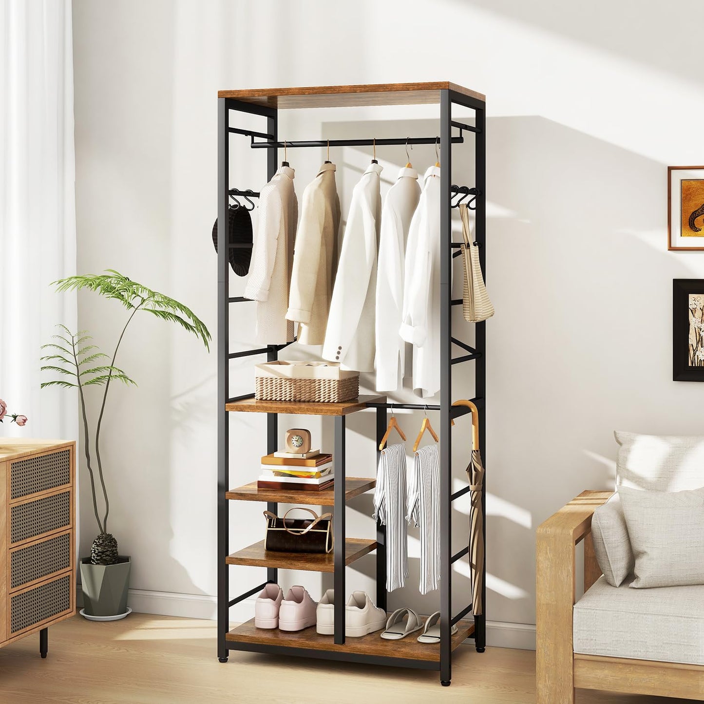 IBUYKE Coat Rack,Coat Stand on Wheels with 6 Hooks,Rustic Brown TMJ089H