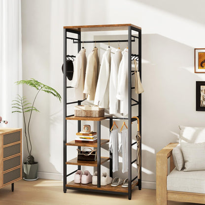 IBUYKE Coat Rack,Coat Stand on Wheels with 6 Hooks,Rustic Brown TMJ089H