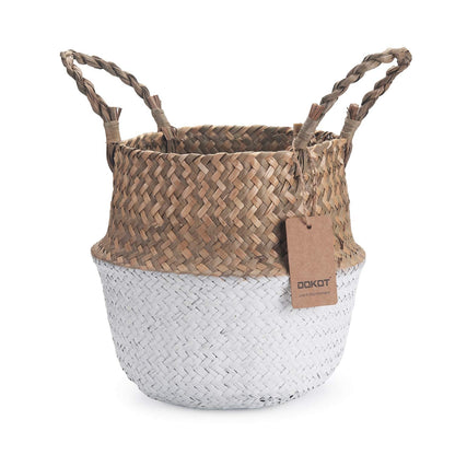 Seagrass Belly Basket Natural Woven Plant Pot Foldable with Handles for Storage Laundry Blankets Toys (Natural + White)