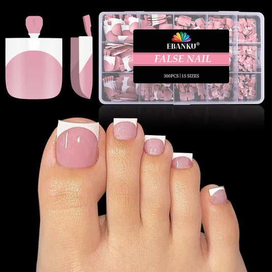 EBANKU 300PCS French Tip Toe Press on Nails, Shark Square Pre-Designed Soft Gel Thick False Toenail Extension, Pink Acrylic Full Cover Fake Toenails