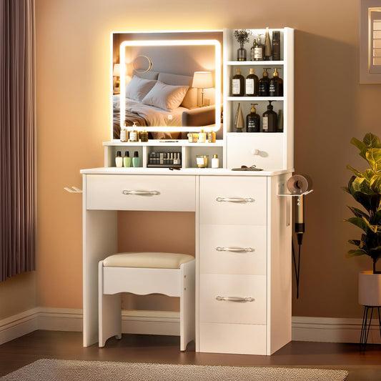 Untimaty Professional Dressing Table With Mirror and Stool: Muti-Drawer Vanity Table 6 Open Storage Areas + 4 Drawers, with 180 LEDS Light 3 Color