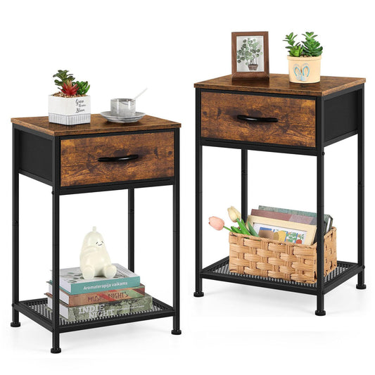 UOMIO Bedside Cabinets Set of 2 Bed Side Table for Bedroom Wooden Bedside Tables with Drawers Small and Rustic Wood Side Tables for Bedroom Living