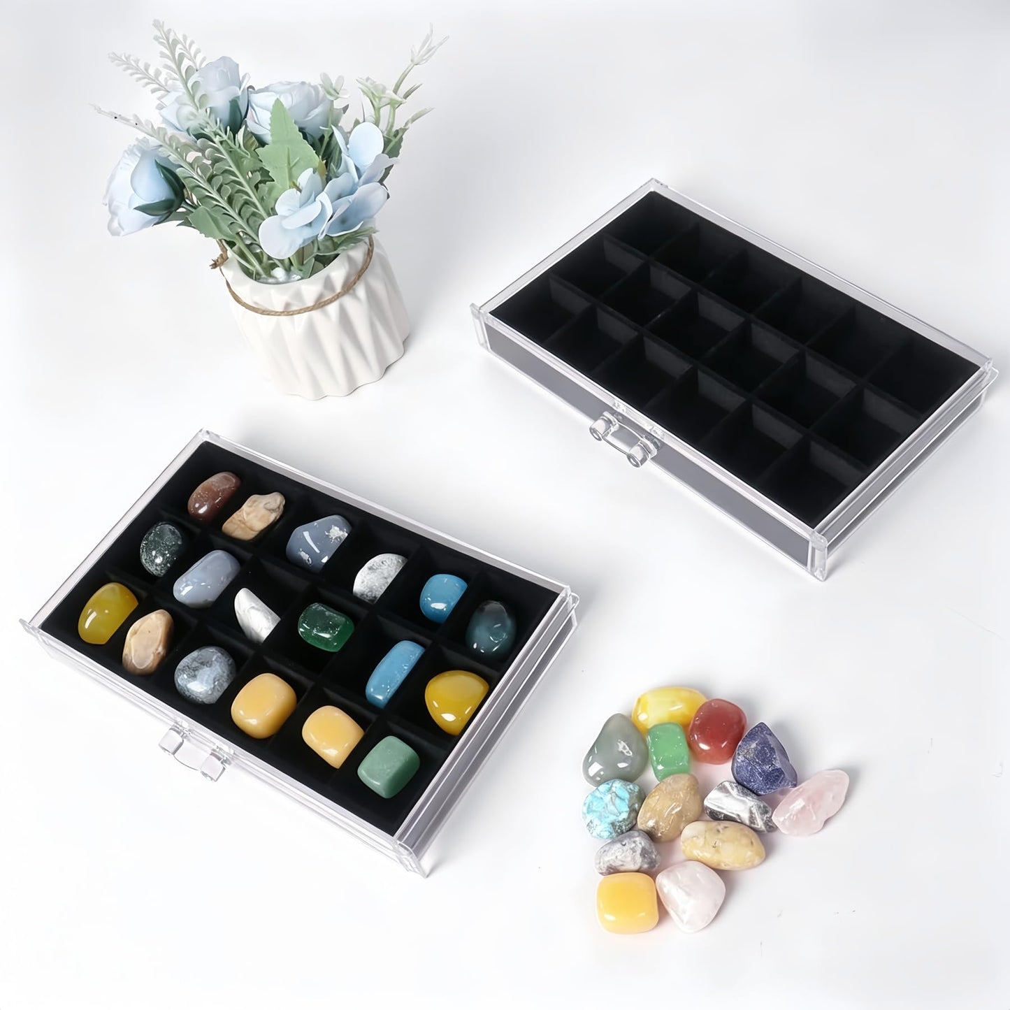 Dmnnlp Rock Display Case, 3 Drawers 54 Grids Rock Collection Box, Storage Cases for Gemstone Fossil Crystal Stone Jewellery (Black)