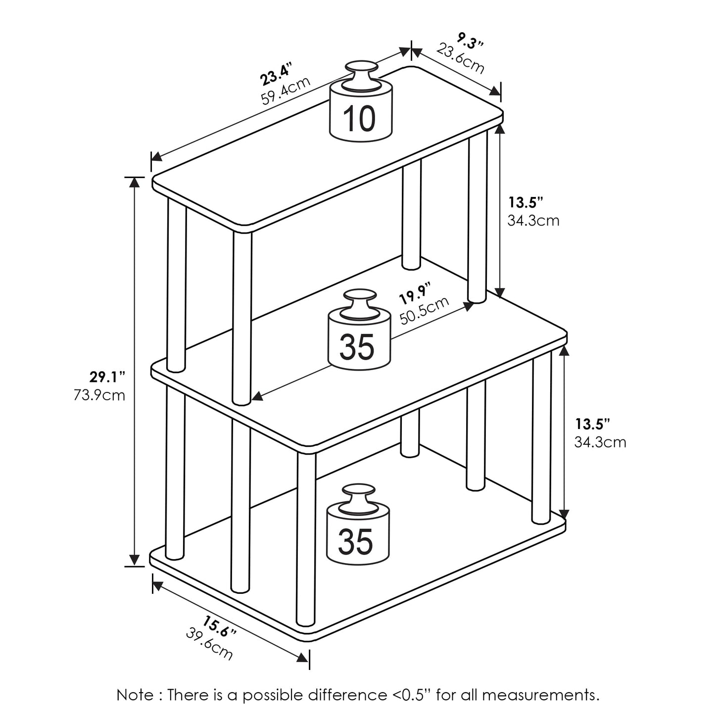 Furinno TURN-N-TUBE Printer Stand, 3-Tier Printer Table with with Storage Shelf, Open Frame Standing Shelf, for CPU, Office Supplies, Home Office