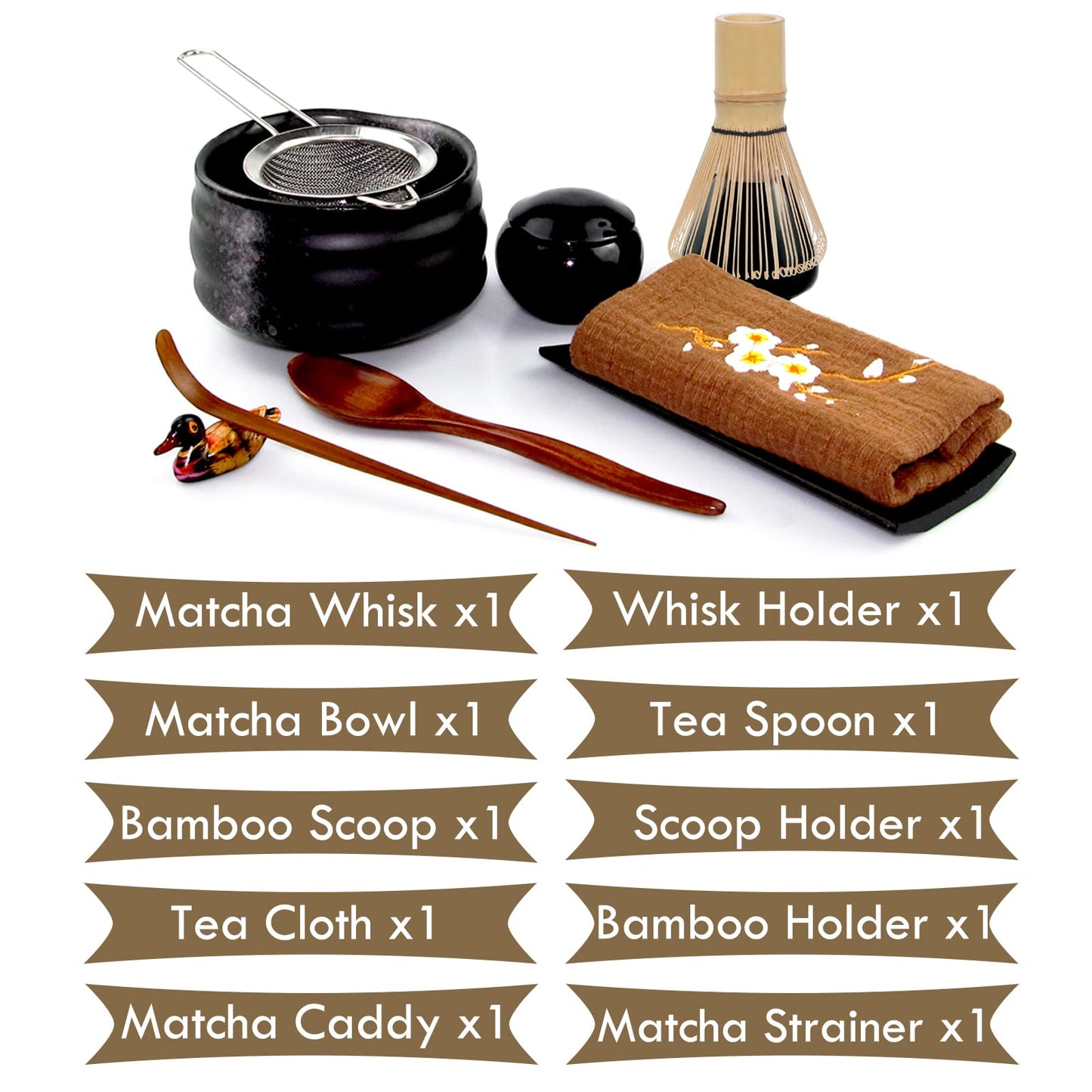 Artcome 10-Piece Japanese Matcha Tea Set - Bowl, Whisk, Scoop, Spoon, Cloth, Bamboo Holder, Powder Caddy, Strainer (Black)