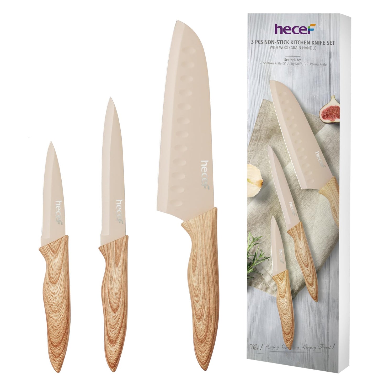 hecef 3-Piece Kitchen Knife Set, Non-Stick Coating Knives with Soft-Touch Handle, Professional Sharp Stainless Steel Blade for Chopping, Slicing, and