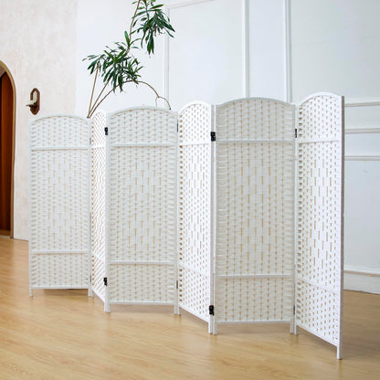 Furnnylane 6 Panel White Rattan Divider Short Room Partition Screen,Double Sided Short Folding Divider for Room Separation,120 cm Tall