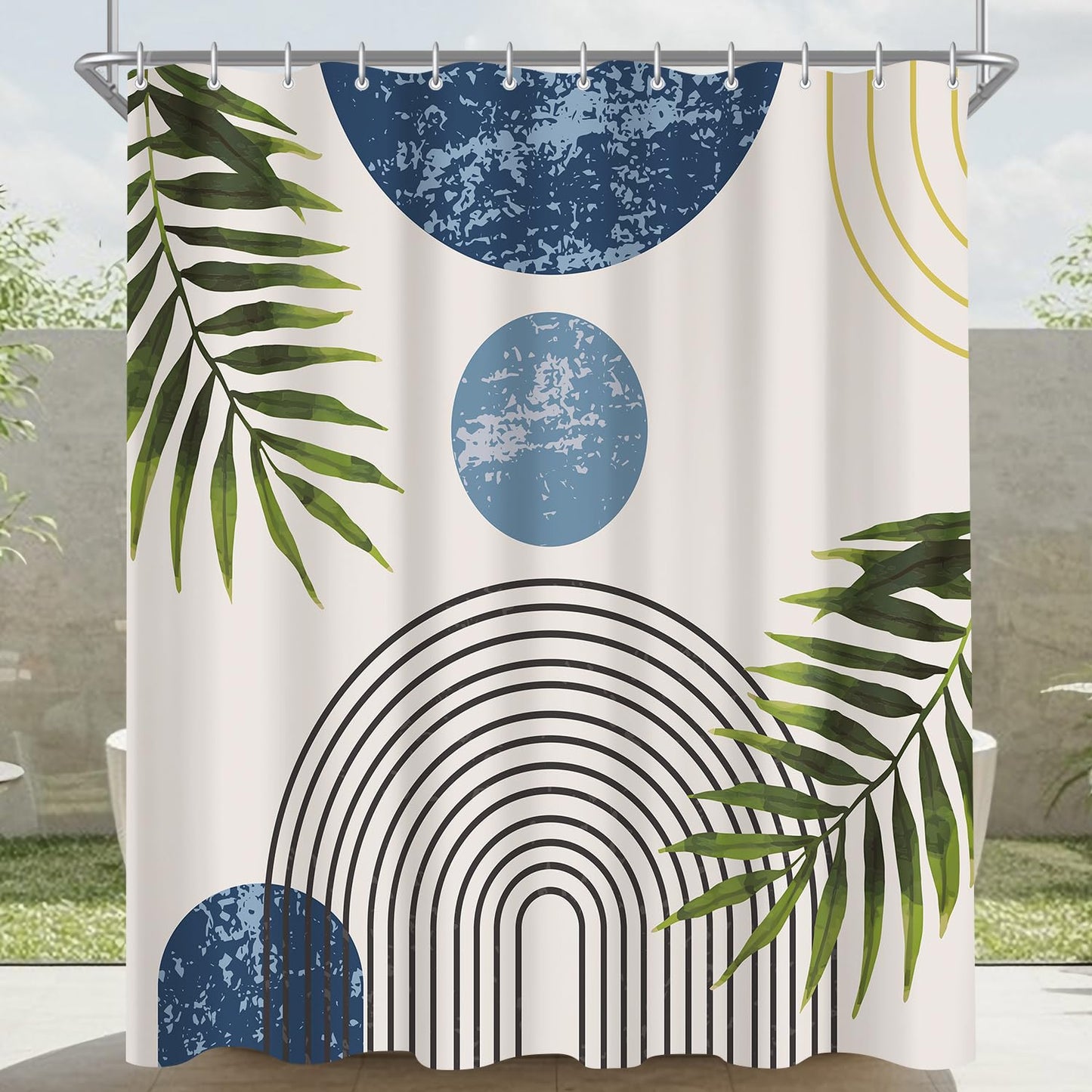 Lerores Shower Curtain, 120 x 200 cm, Blue Leaves Line, Weighted Hem, Anti-Mould Textile, Water-Repellent, Washable Polyester Bath Curtains with 8