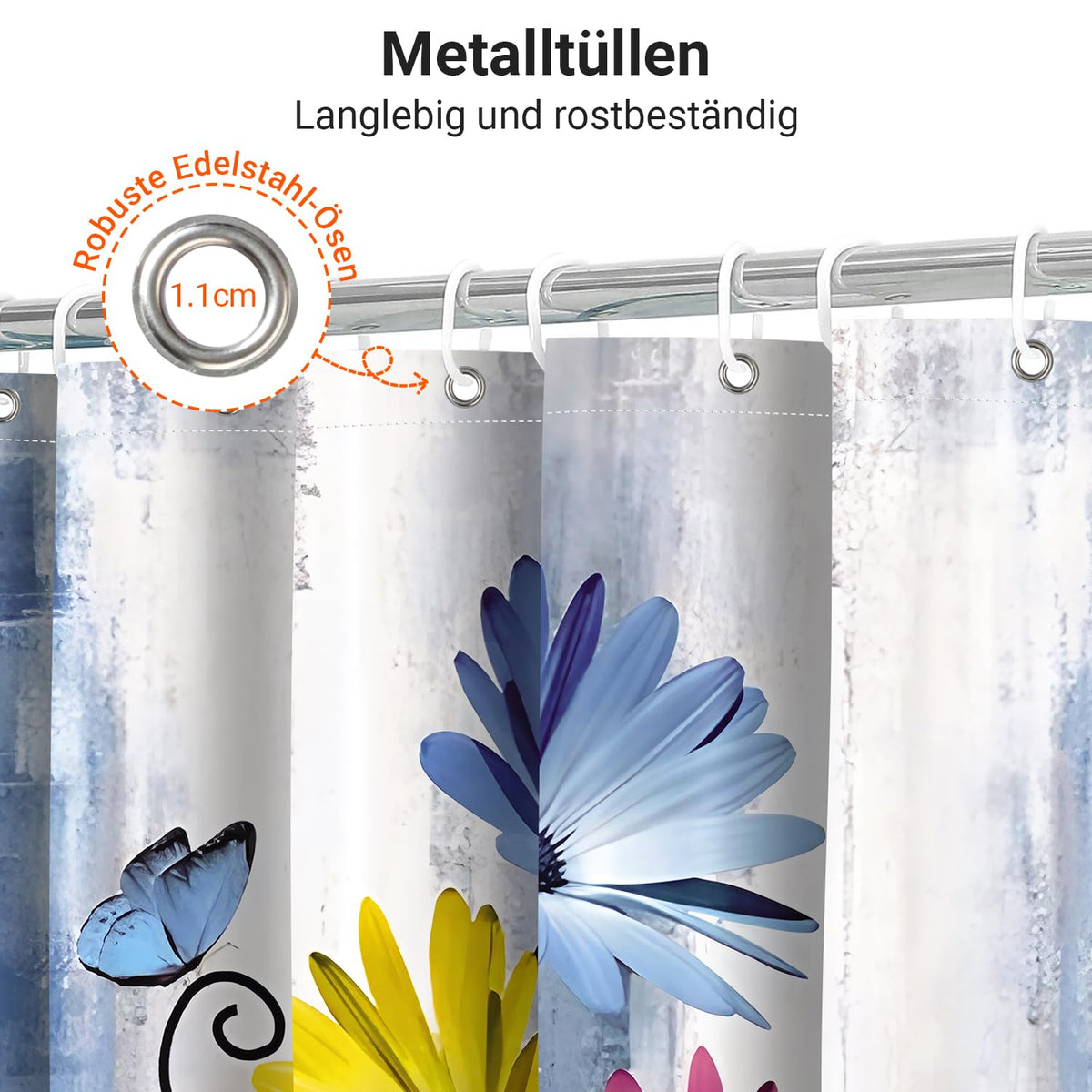 Shower Curtain, 180 x 200 cm, Blue Daisies Butterflies Motif, Weighted Hem, Anti-Mould, Water-Repellent