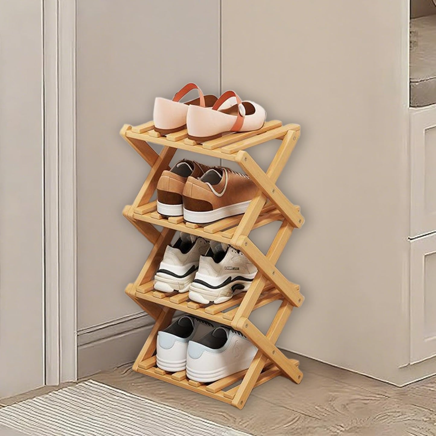Kiss Me 4-Tier Foldable Bamboo Shoe Rack Vertical Narrow Entryway Organizer
