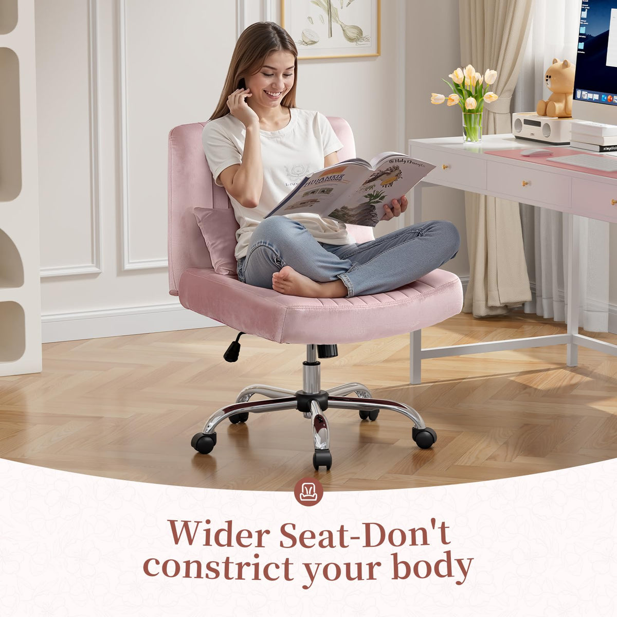 BTGGG Velvet Cross Legged Office Chair with Wheels, Criss Cross Chair with Wide Seat, Desk Chair for Bedroom